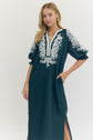 Embroidered V-neck Half Sleeve Midi Dress with White Trim