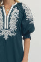 Embroidered V-neck Half Sleeve Midi Dress with White Trim
