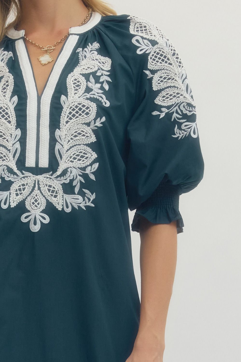 Embroidered V-neck Half Sleeve Midi Dress with White Trim