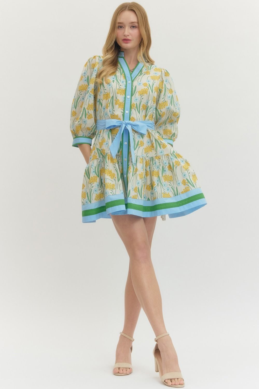 Lemon Floral Print 3/4 Sleeve with Tie Belt