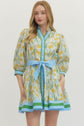 Lemon Floral Print 3/4 Sleeve with Tie Belt