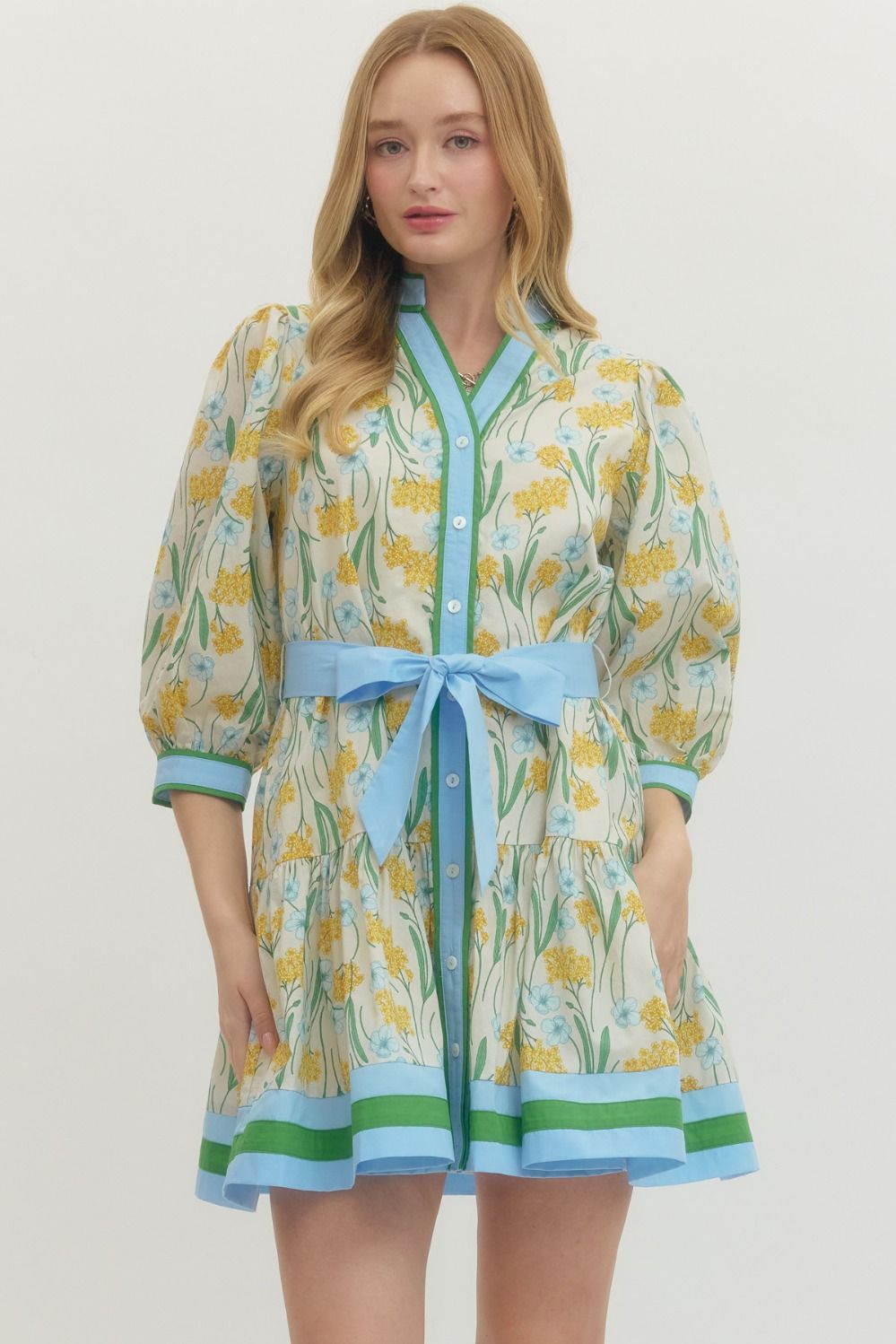 Lemon Floral Print 3/4 Sleeve with Tie Belt