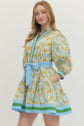 Lemon Floral Print 3/4 Sleeve with Tie Belt