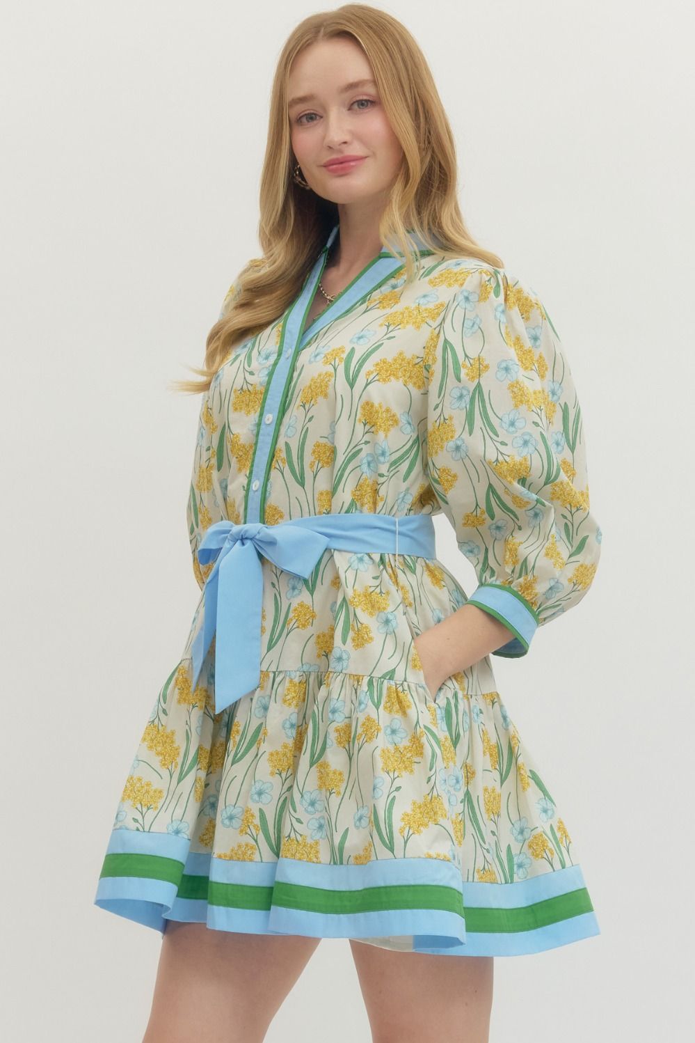 Lemon Floral Print 3/4 Sleeve with Tie Belt