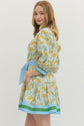 Lemon Floral Print 3/4 Sleeve with Tie Belt