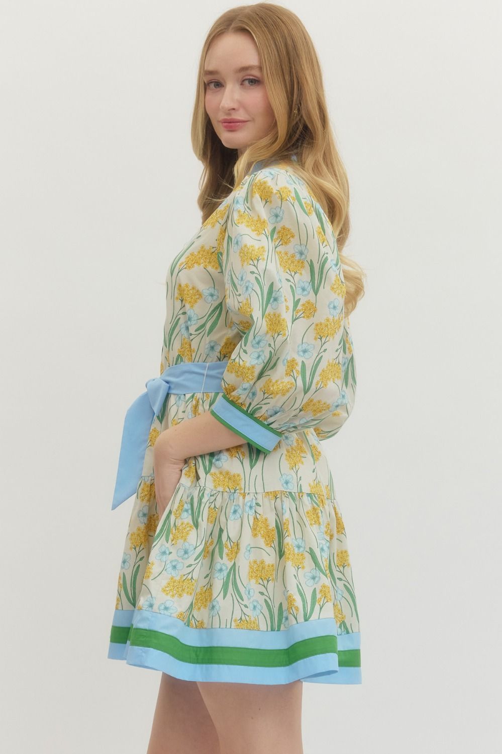 Lemon Floral Print 3/4 Sleeve with Tie Belt