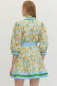 Lemon Floral Print 3/4 Sleeve with Tie Belt