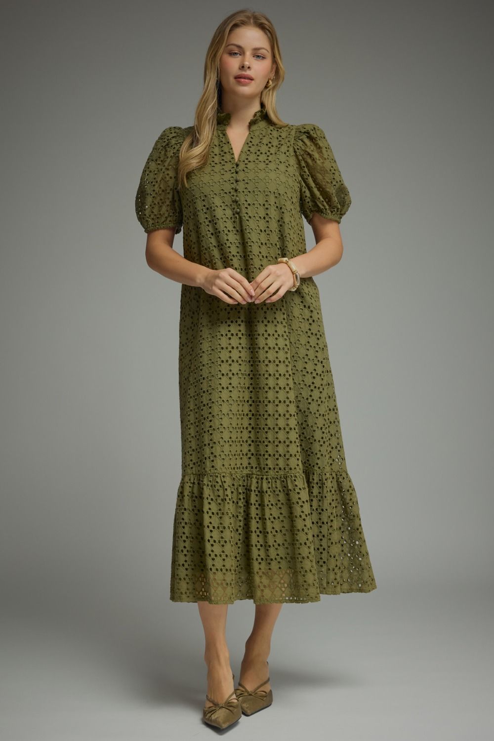 Eyelet Ruffled Mock Neck Midi