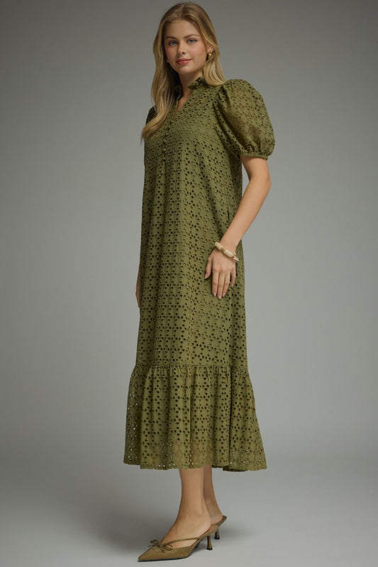 Eyelet Ruffled Mock Neck Midi