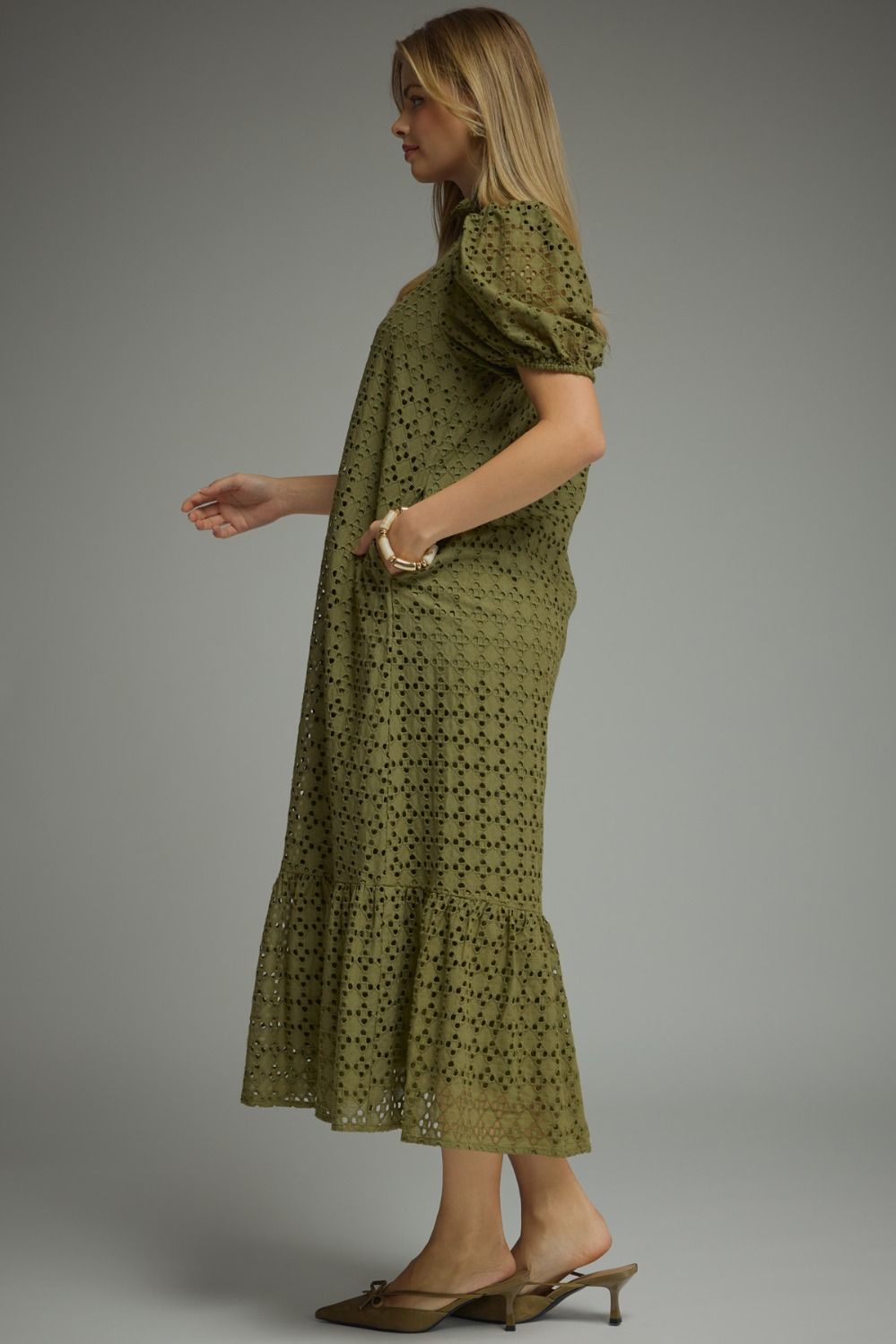 Eyelet Ruffled Mock Neck Midi