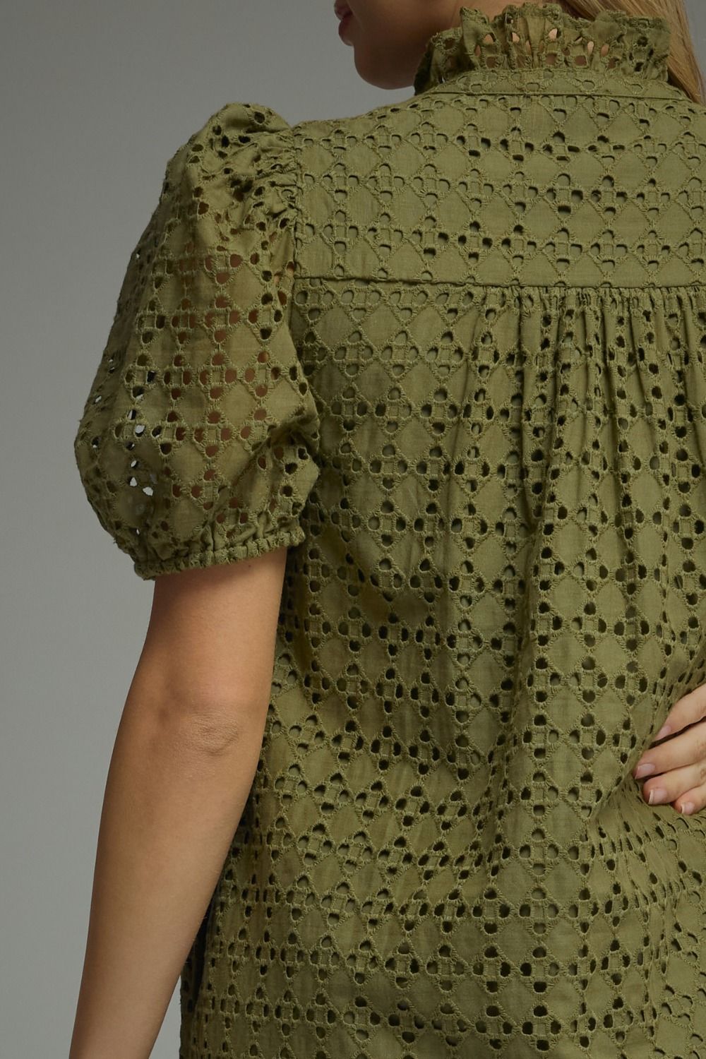 Eyelet Ruffled Mock Neck Midi