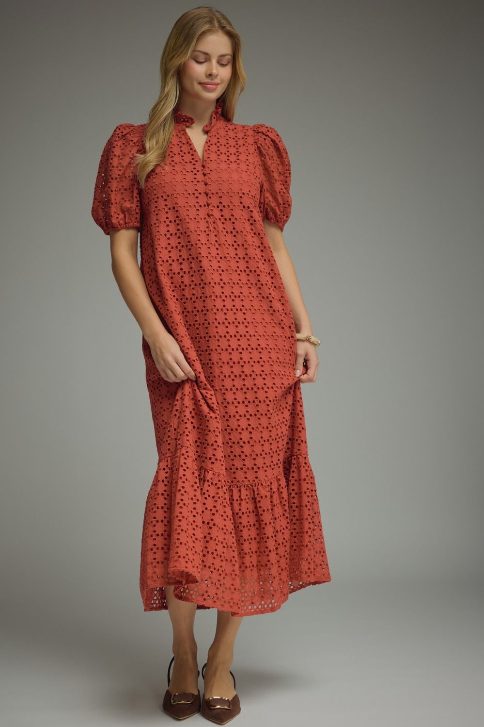Eyelet Ruffled Mock Neck Midi