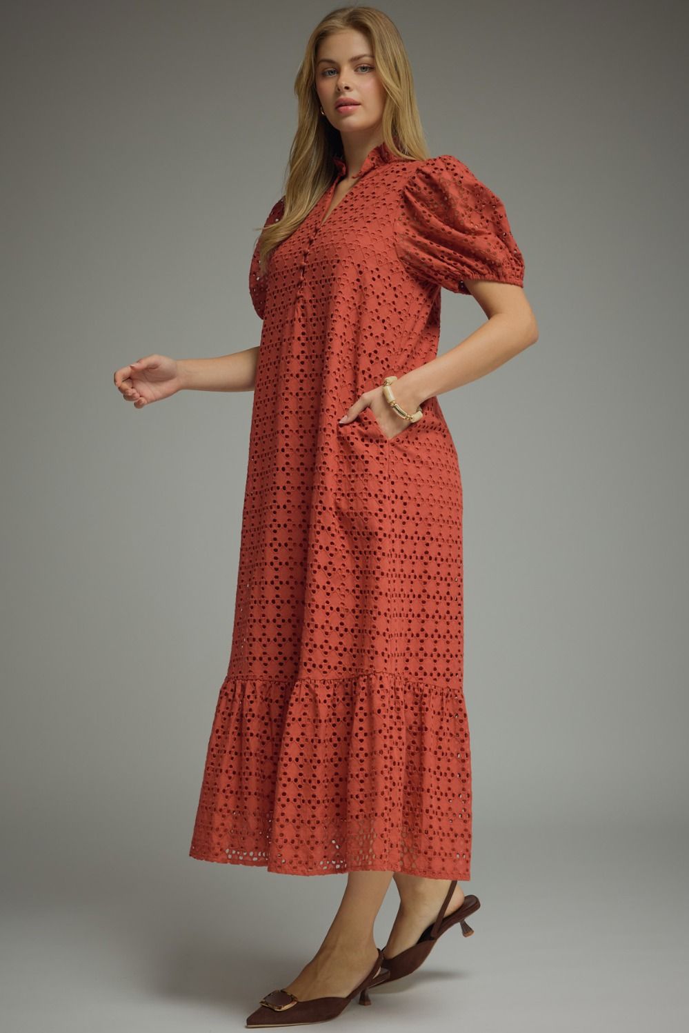 Eyelet Ruffled Mock Neck Midi