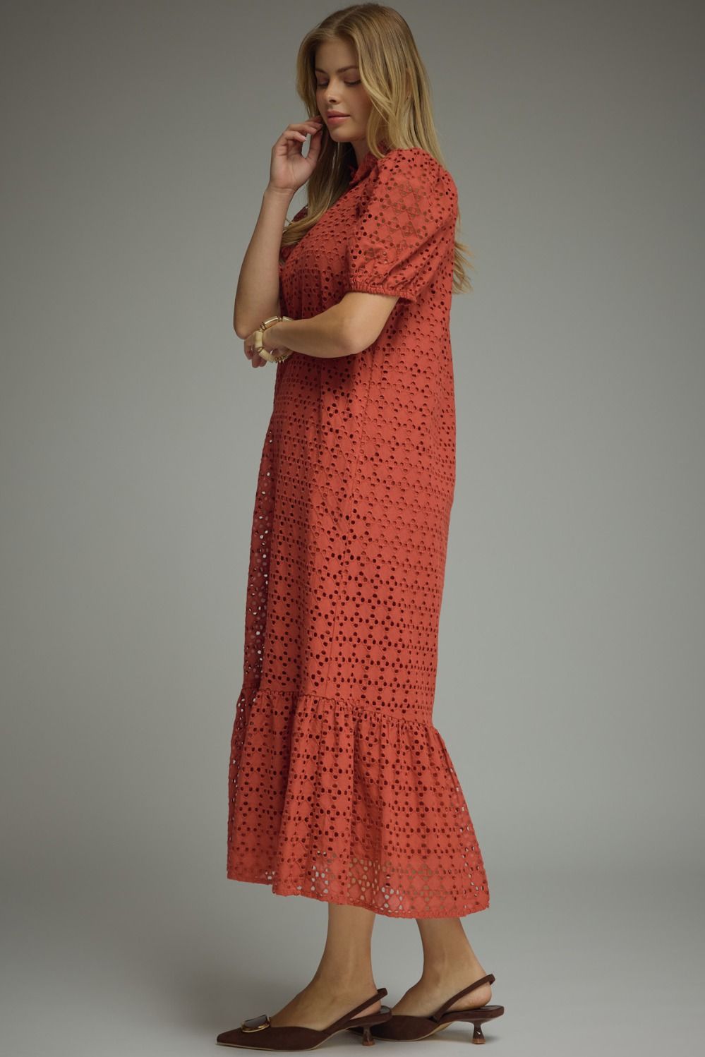 Eyelet Ruffled Mock Neck Midi