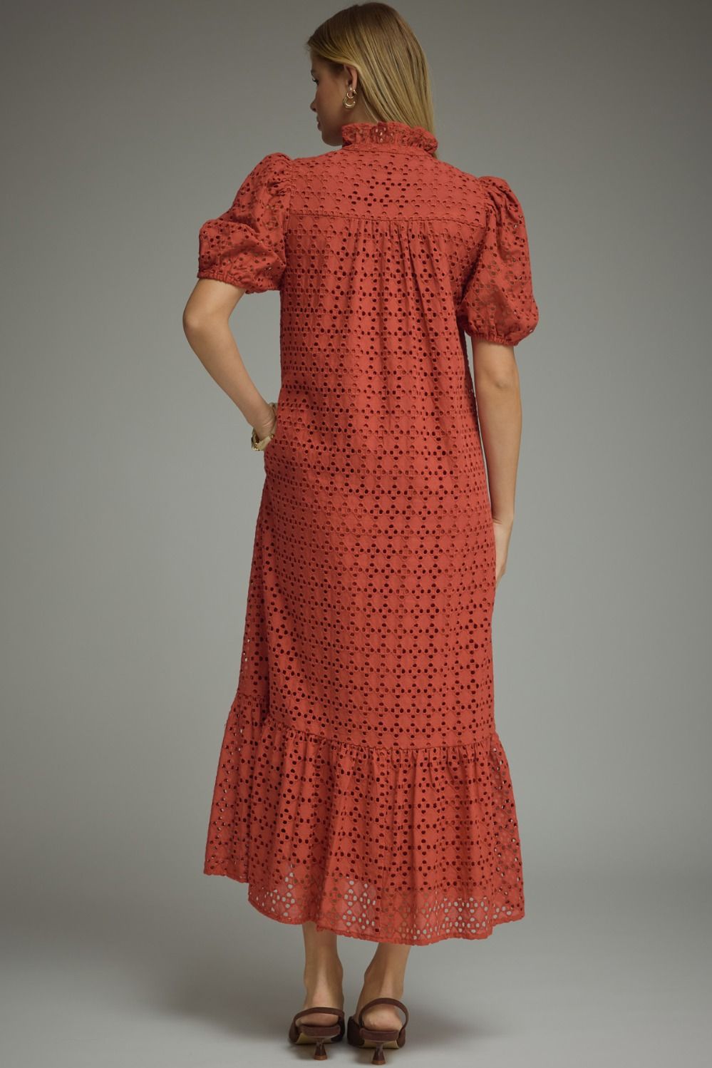 Eyelet Ruffled Mock Neck Midi