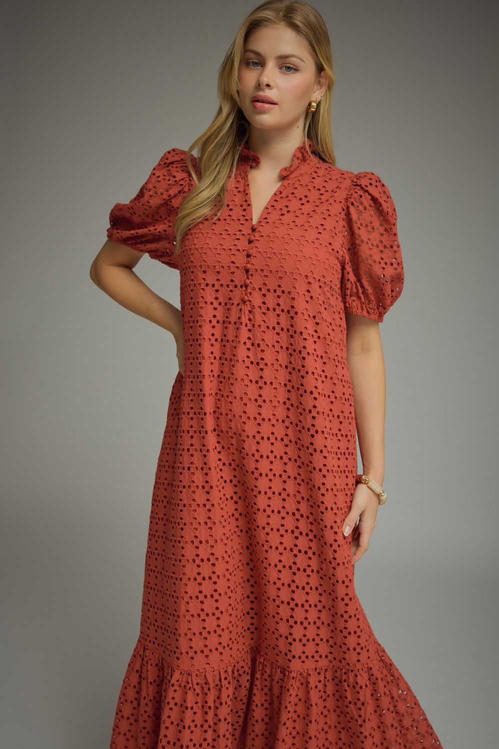 Eyelet Ruffled Mock Neck Midi