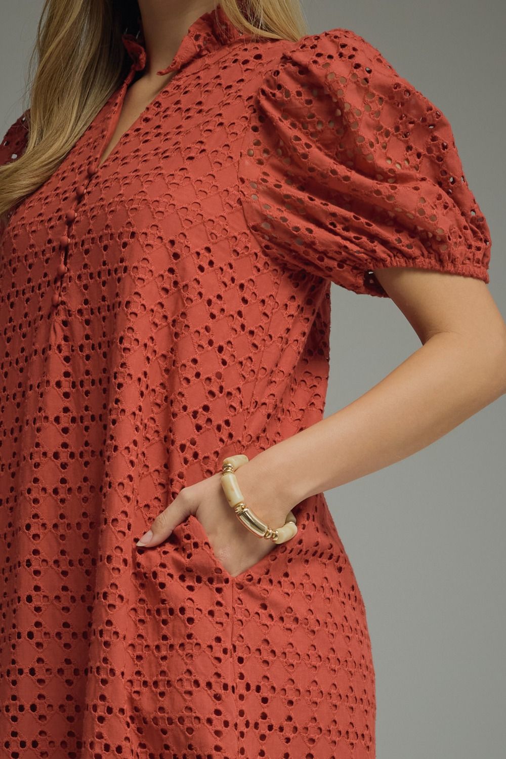 Eyelet Ruffled Mock Neck Midi