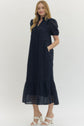 Eyelet Ruffled Mock Neck Midi