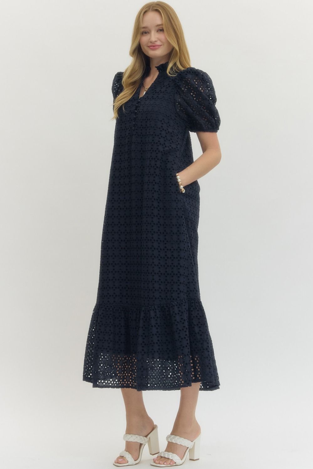 Eyelet Ruffled Mock Neck Midi