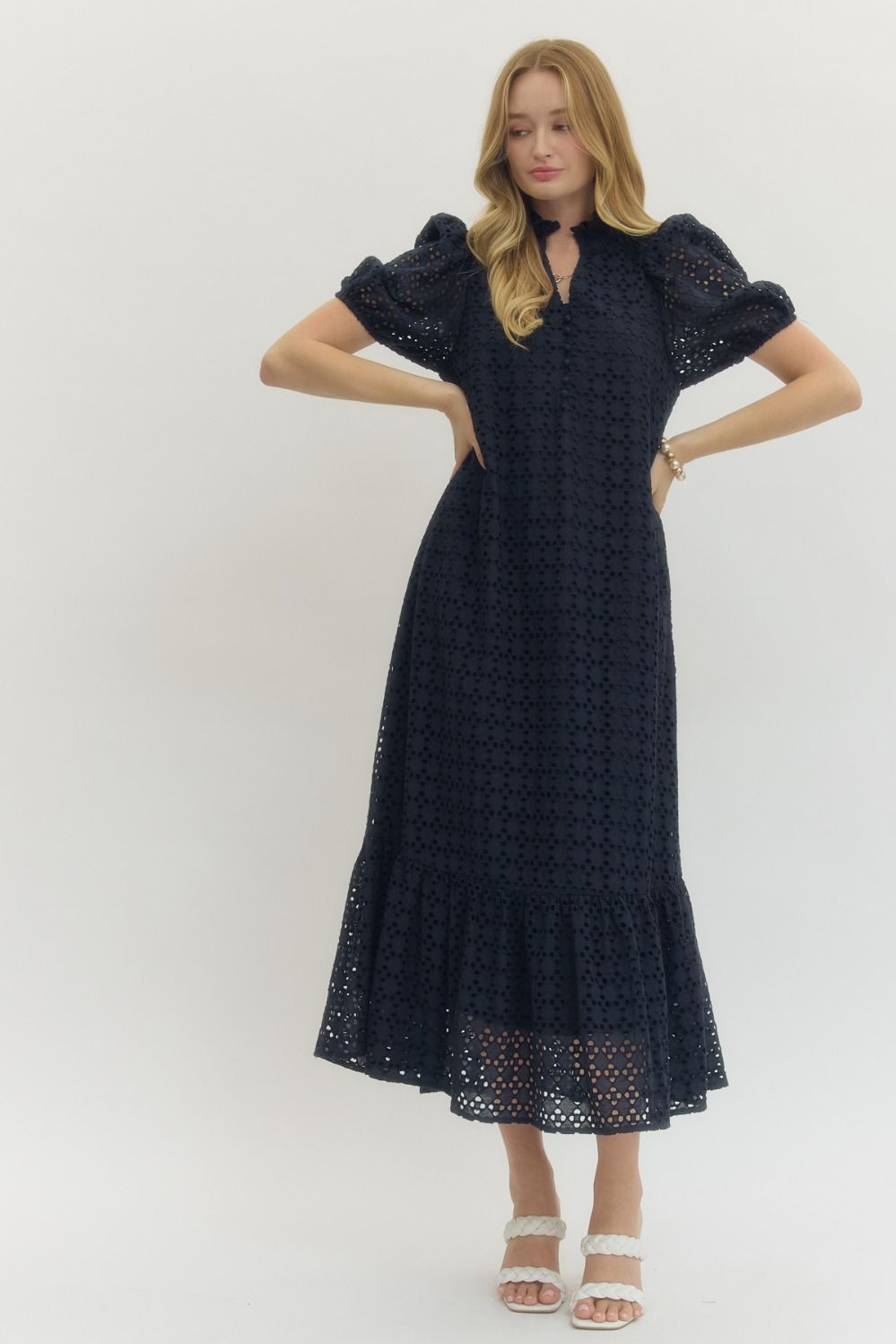 Eyelet Ruffled Mock Neck Midi