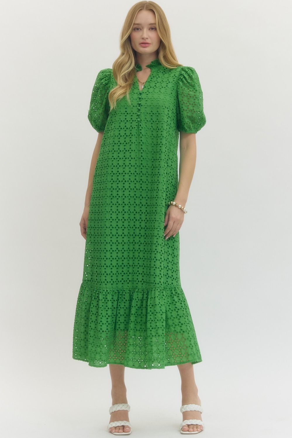 Eyelet Ruffled Mock Neck Midi
