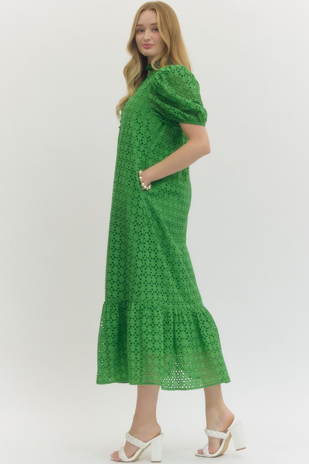 Eyelet Ruffled Mock Neck Midi