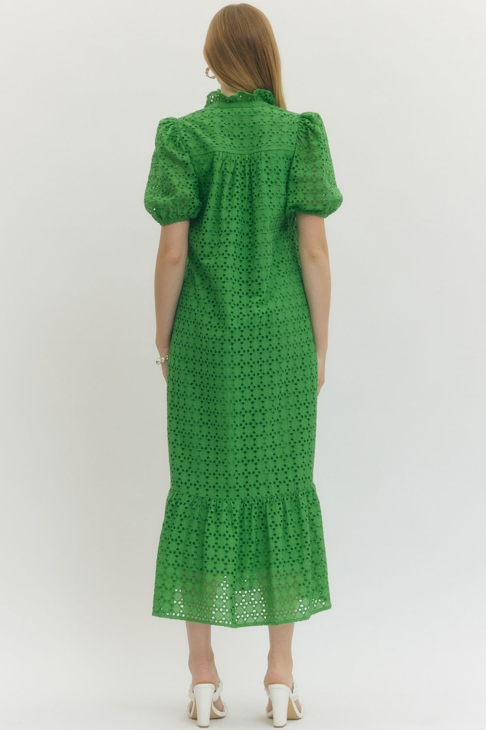 Eyelet Ruffled Mock Neck Midi