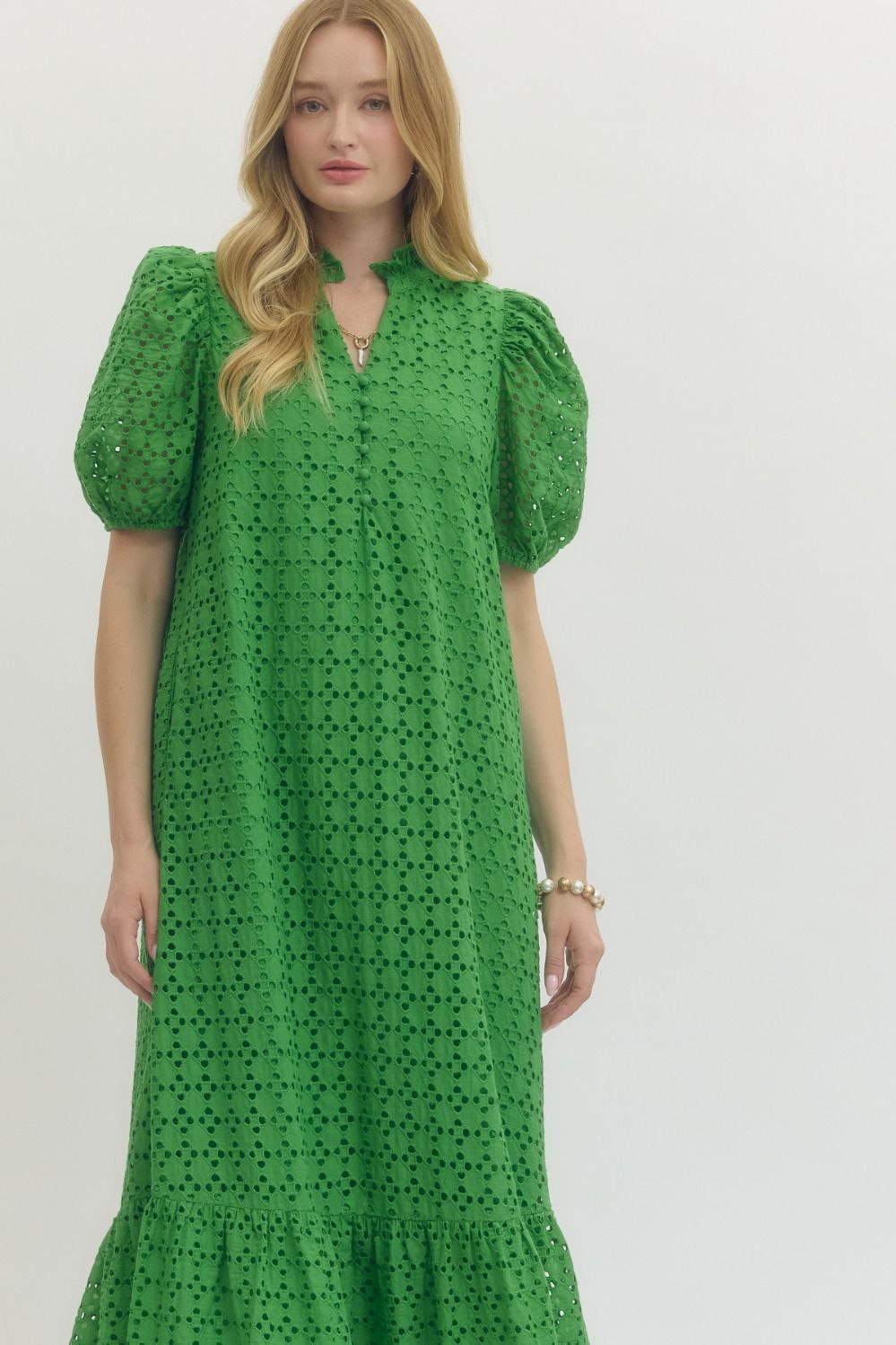 Eyelet Ruffled Mock Neck Midi