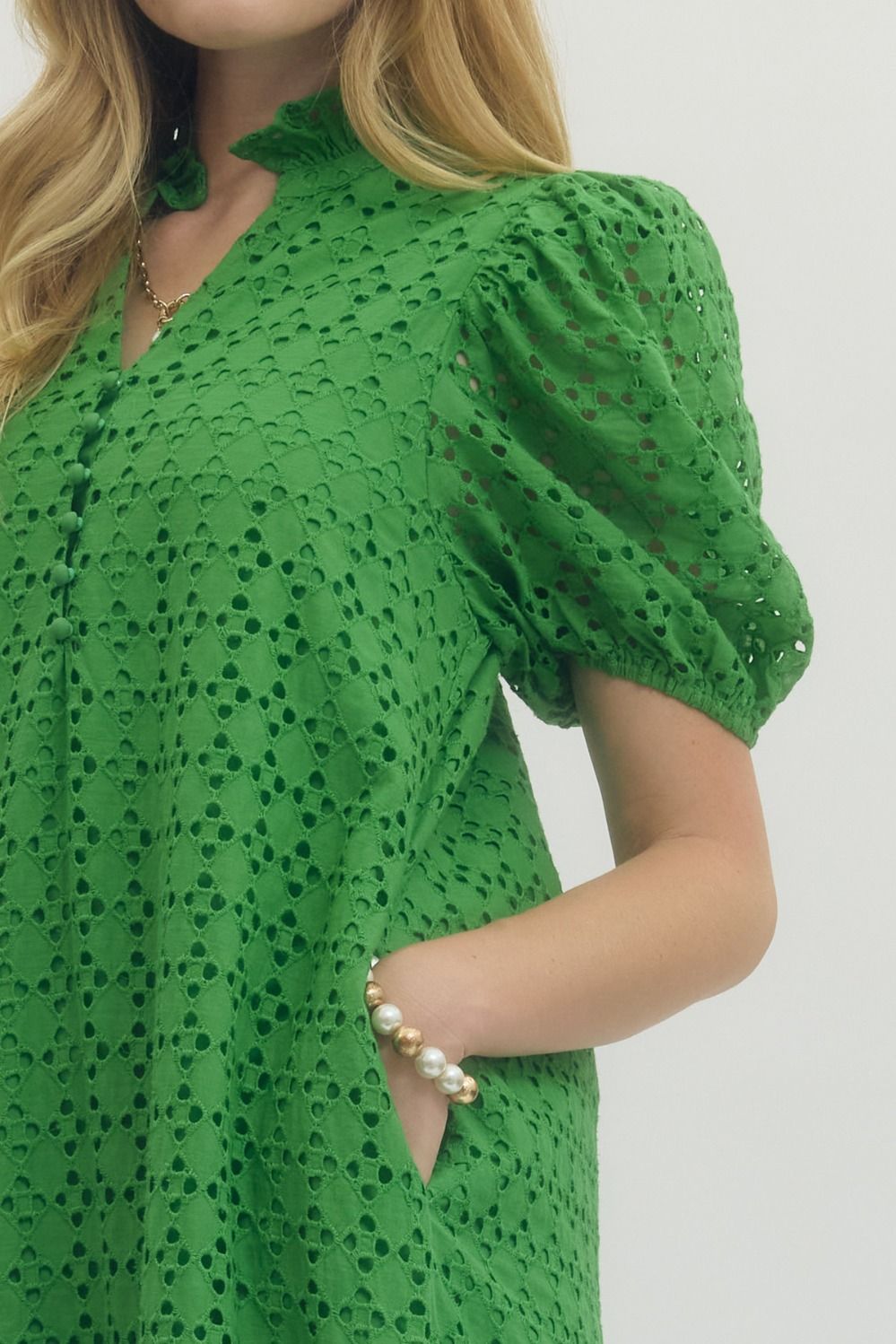 Eyelet Ruffled Mock Neck Midi