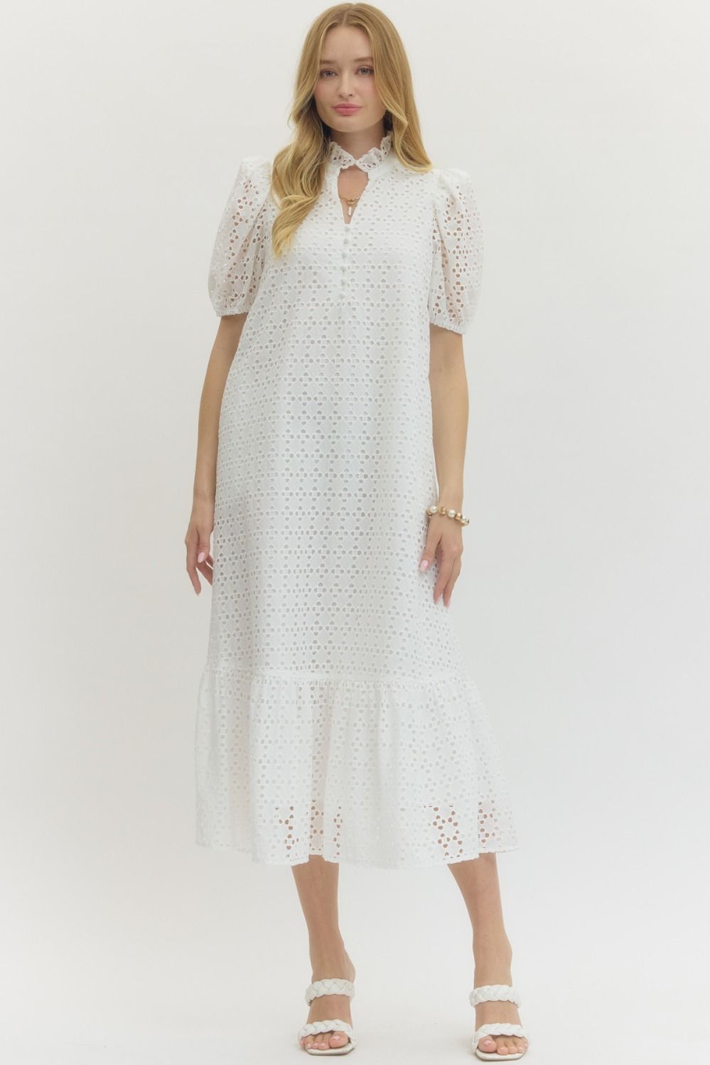 Eyelet Ruffled Mock Neck Midi