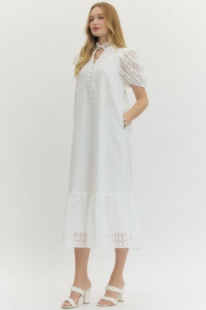 Eyelet Ruffled Mock Neck Midi