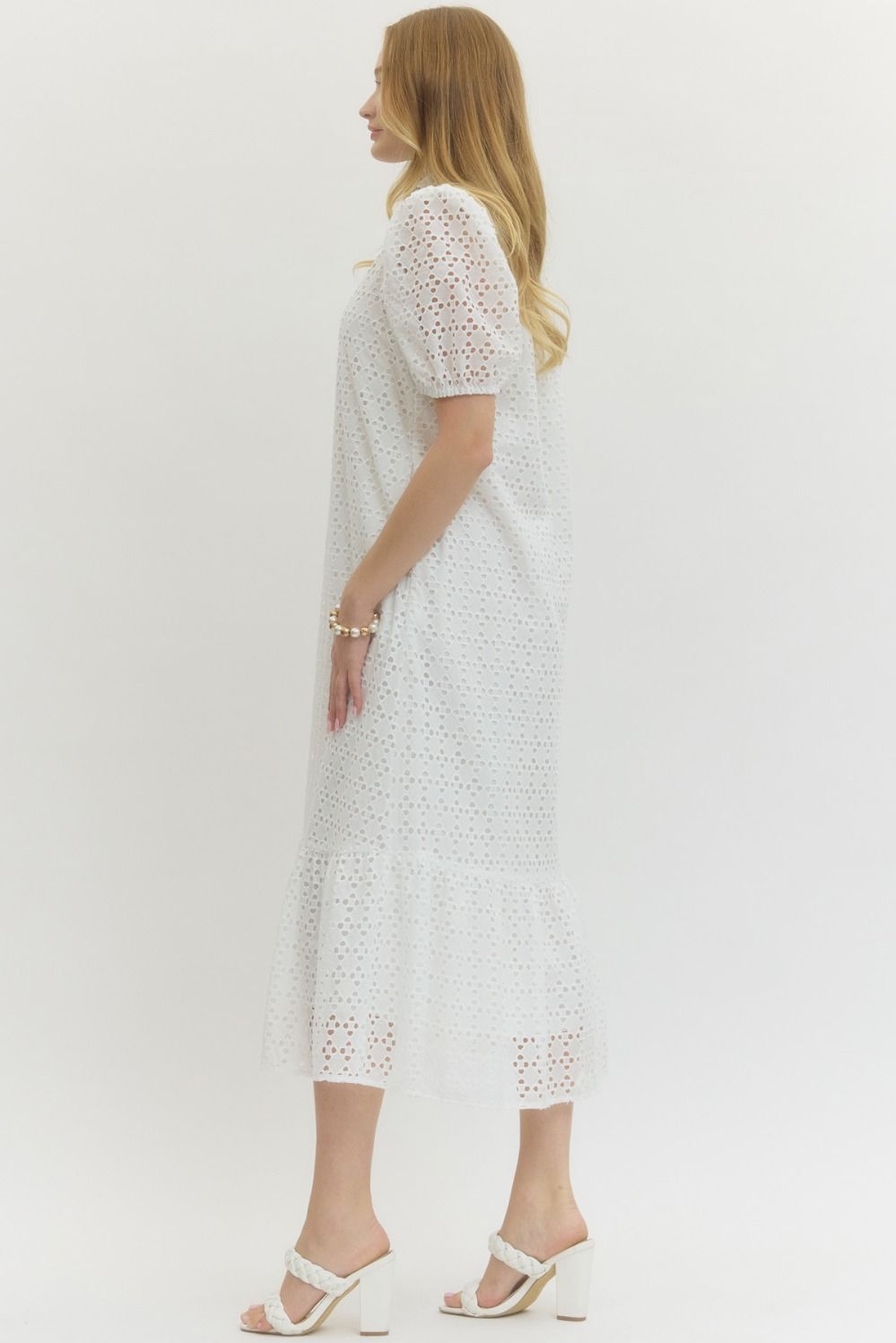Eyelet Ruffled Mock Neck Midi