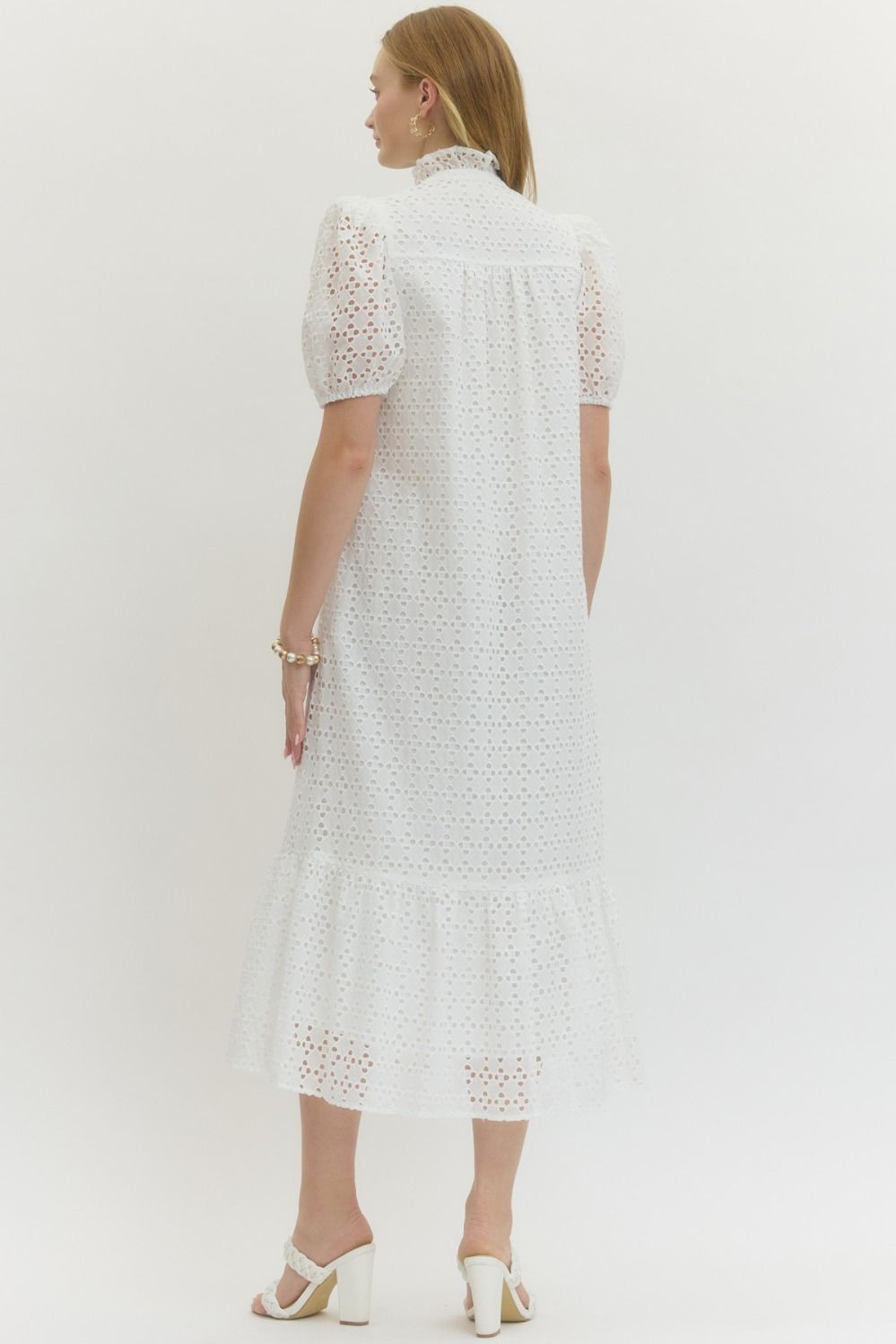 Eyelet Ruffled Mock Neck Midi