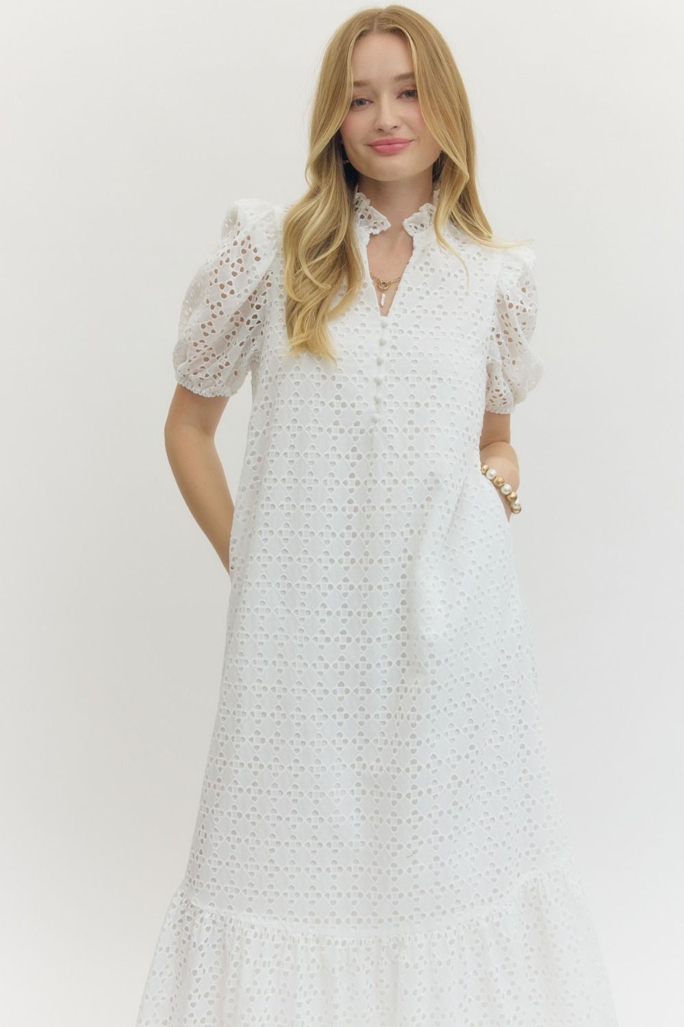 Eyelet Ruffled Mock Neck Midi
