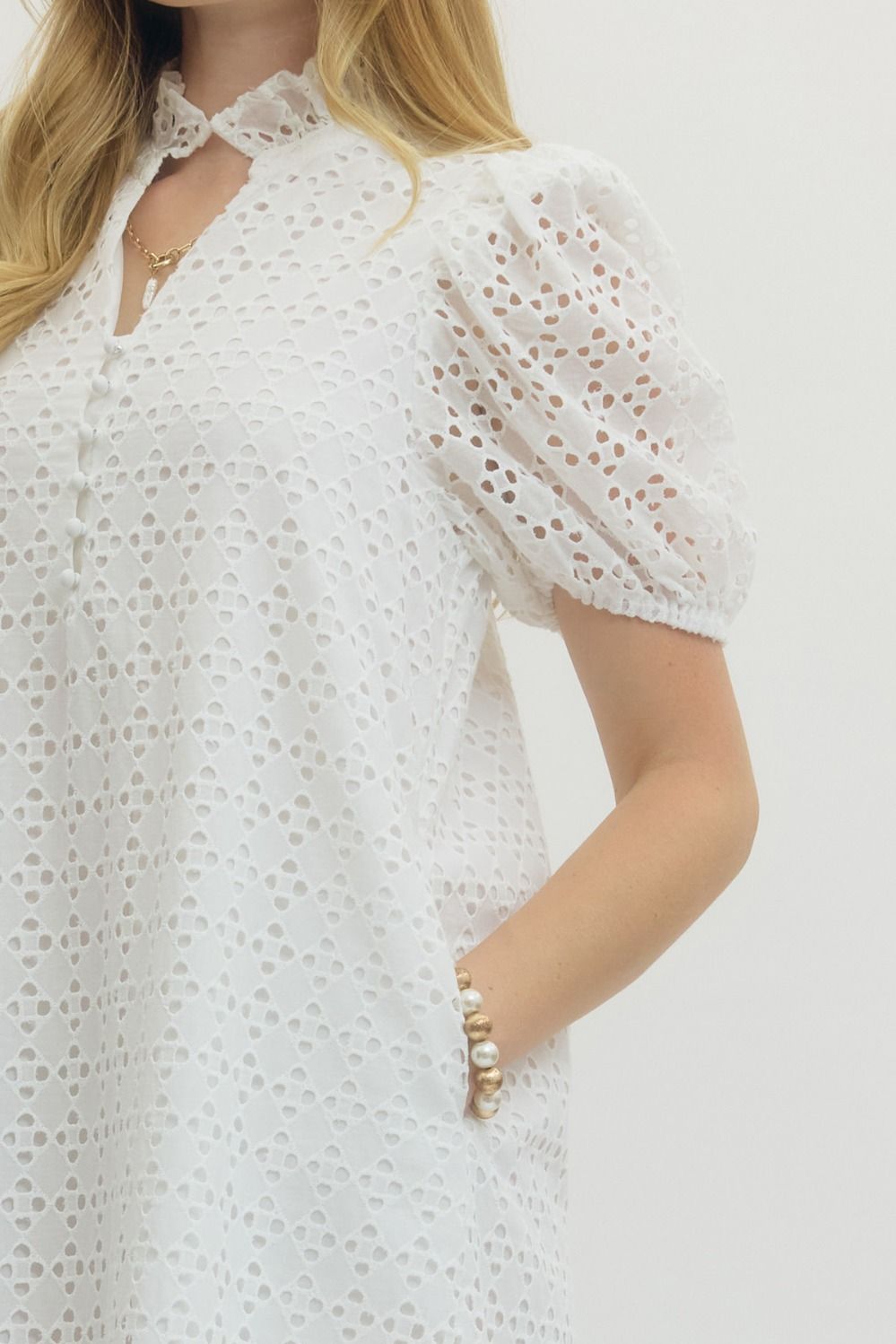 Eyelet Ruffled Mock Neck Midi