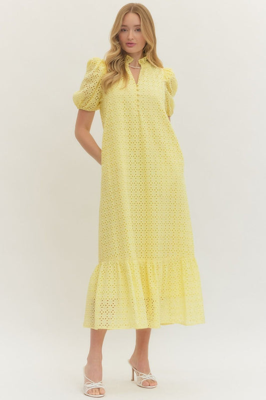 Eyelet Ruffled Mock Neck Midi