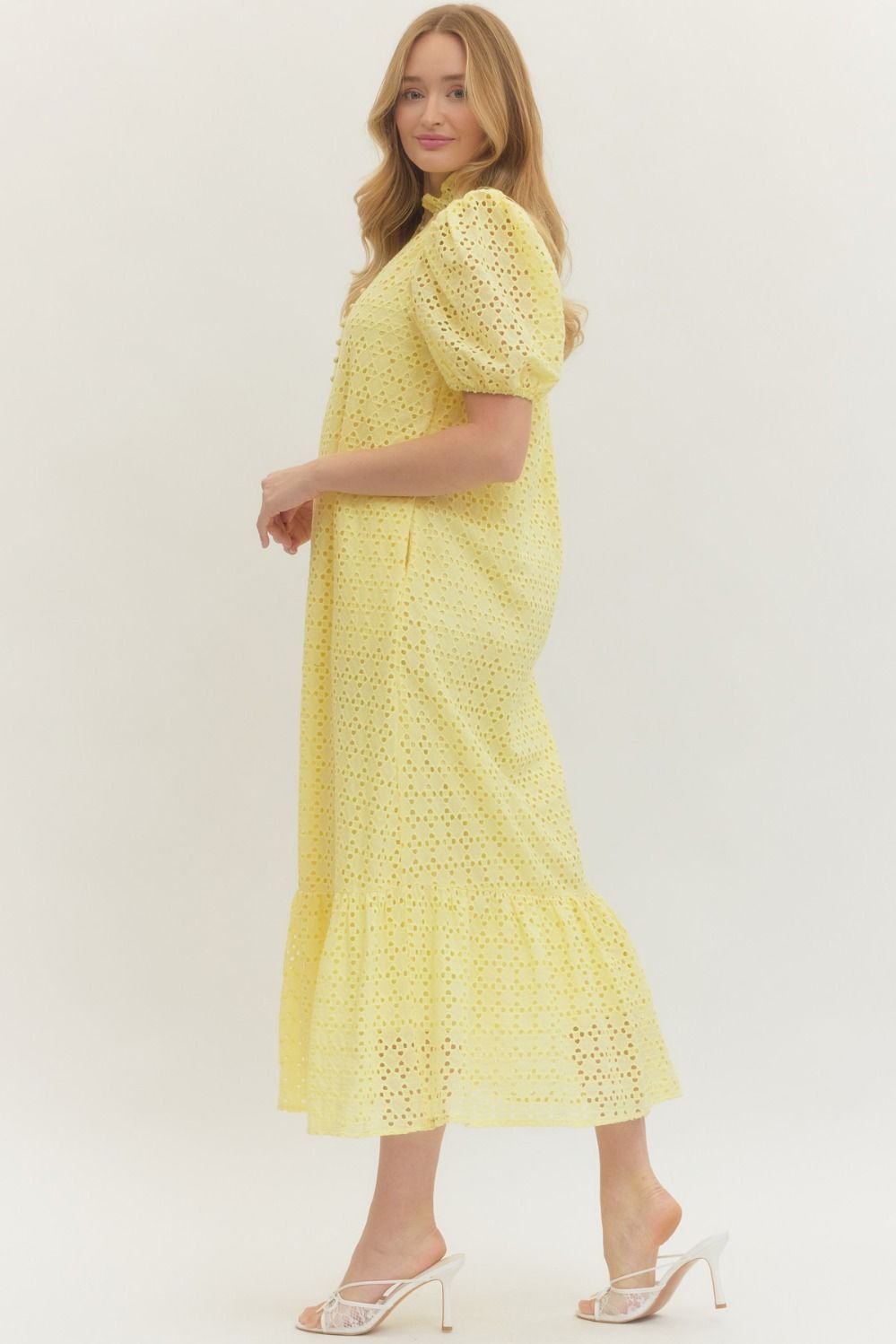 Eyelet Ruffled Mock Neck Midi