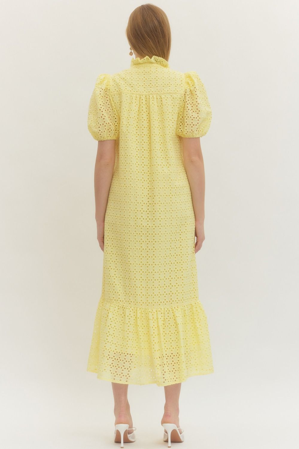 Eyelet Ruffled Mock Neck Midi