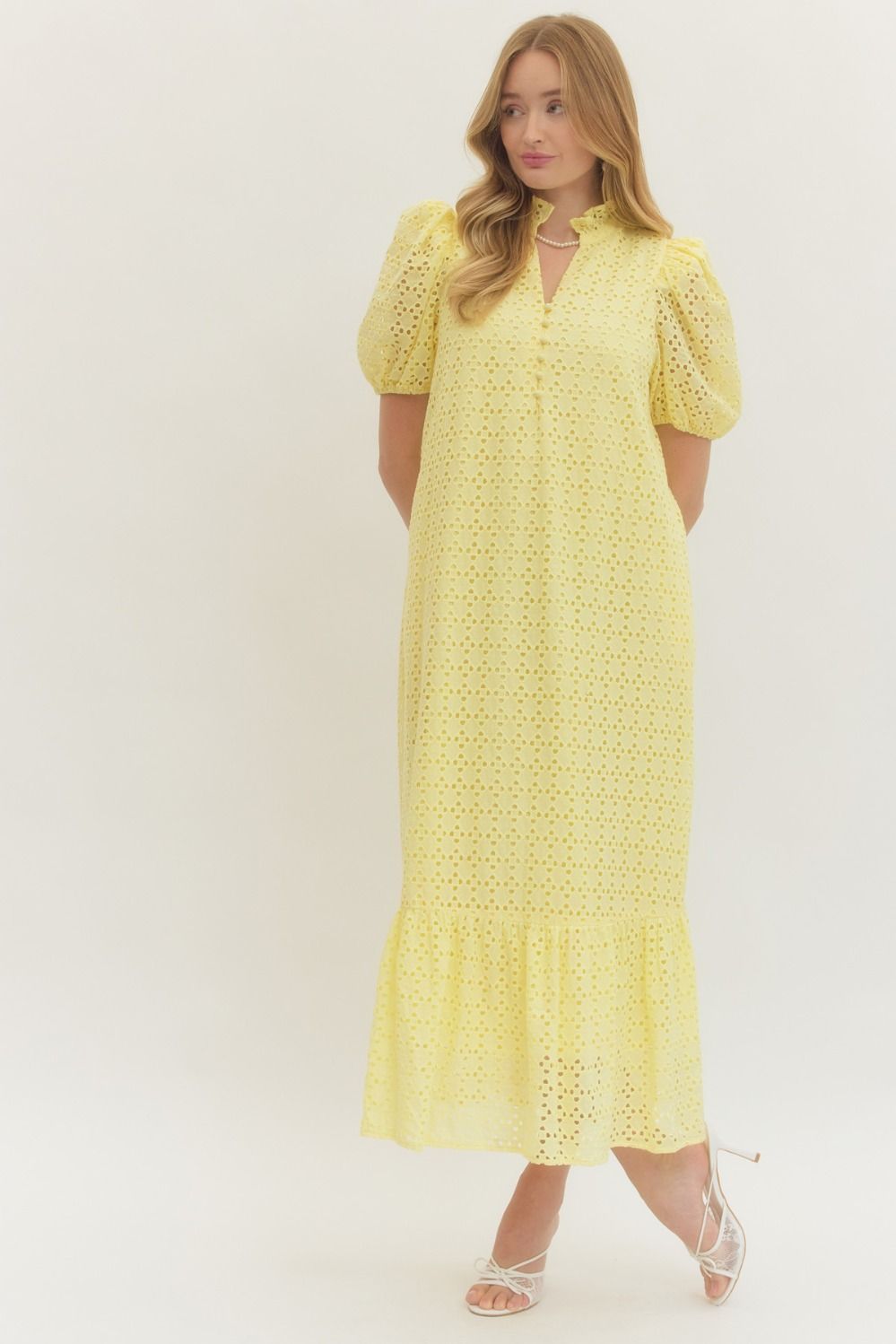 Eyelet Ruffled Mock Neck Midi
