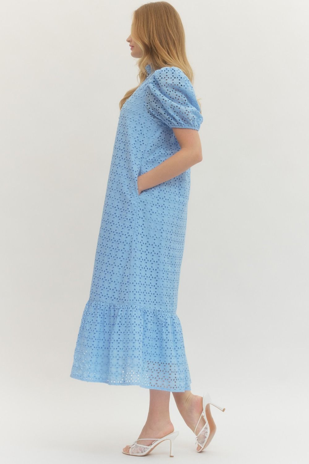 Eyelet Ruffled Mock Neck Midi