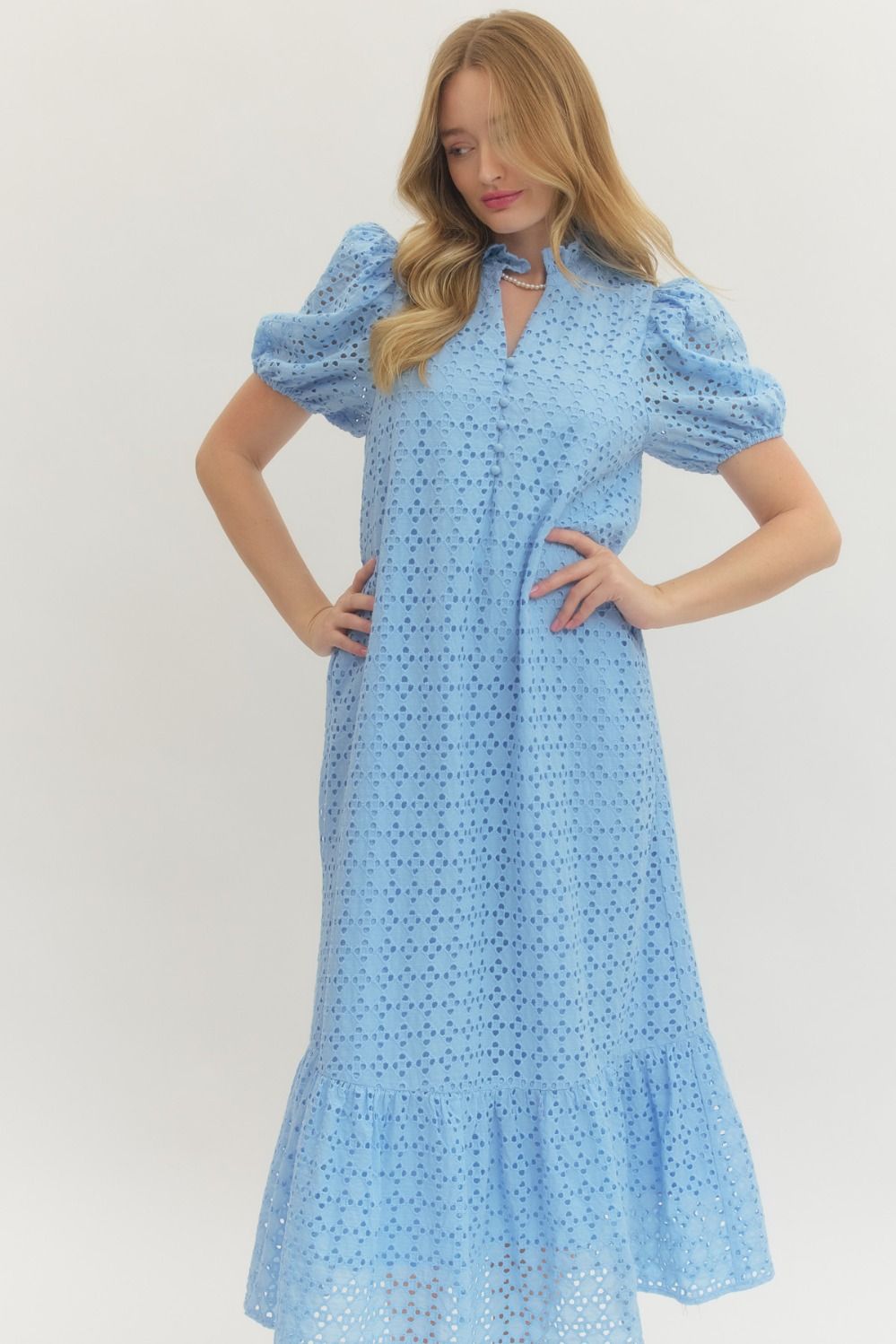 Eyelet Ruffled Mock Neck Midi