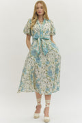 Blue Floral Puff Sleeve Midi with Self Tie Sash