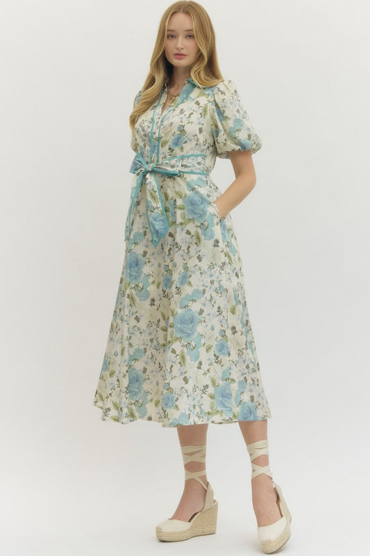 Blue Floral Puff Sleeve Midi with Self Tie Sash