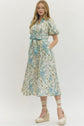 Blue Floral Puff Sleeve Midi with Self Tie Sash