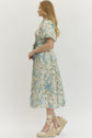 Blue Floral Puff Sleeve Midi with Self Tie Sash