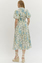 Blue Floral Puff Sleeve Midi with Self Tie Sash