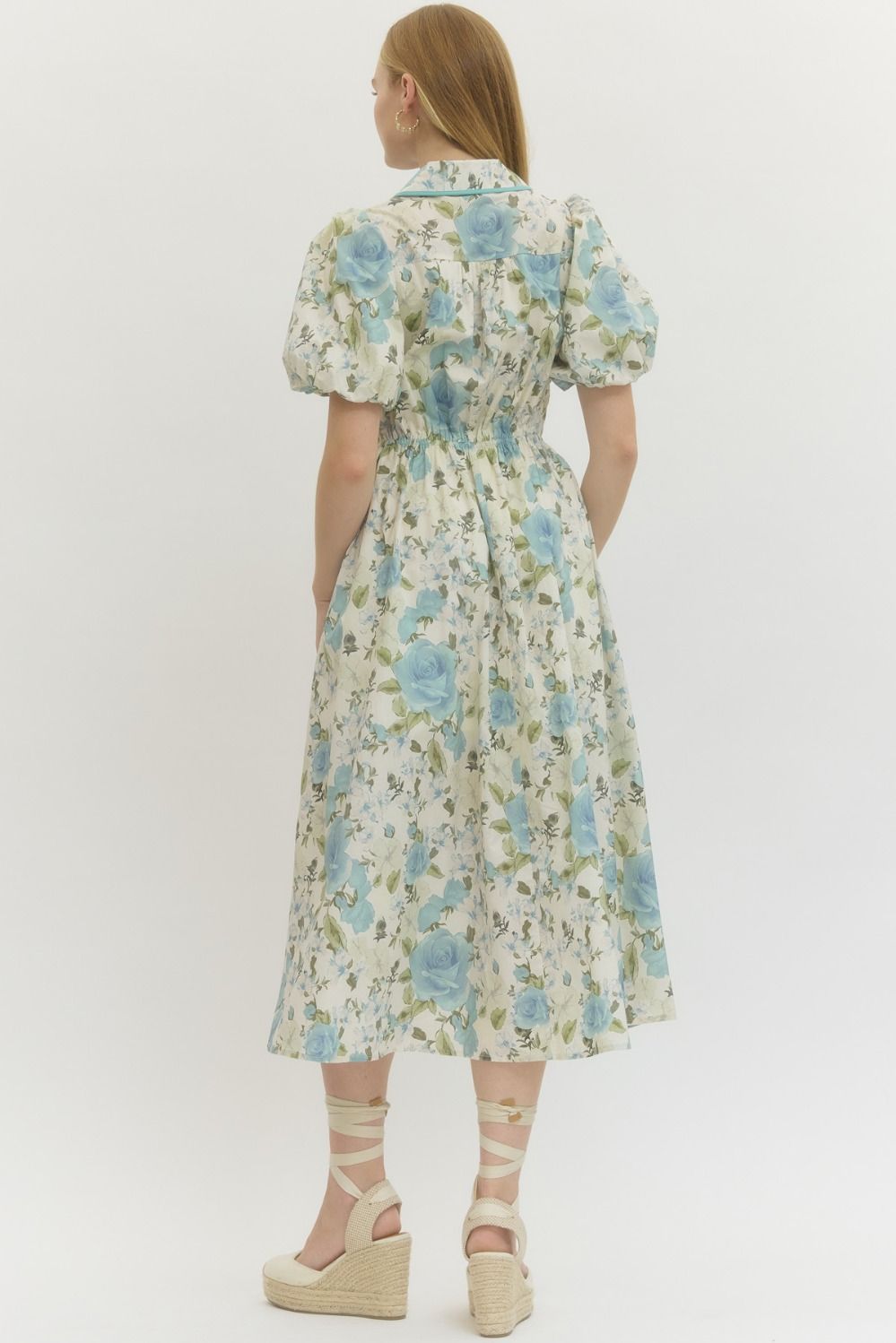 Blue Floral Puff Sleeve Midi with Self Tie Sash