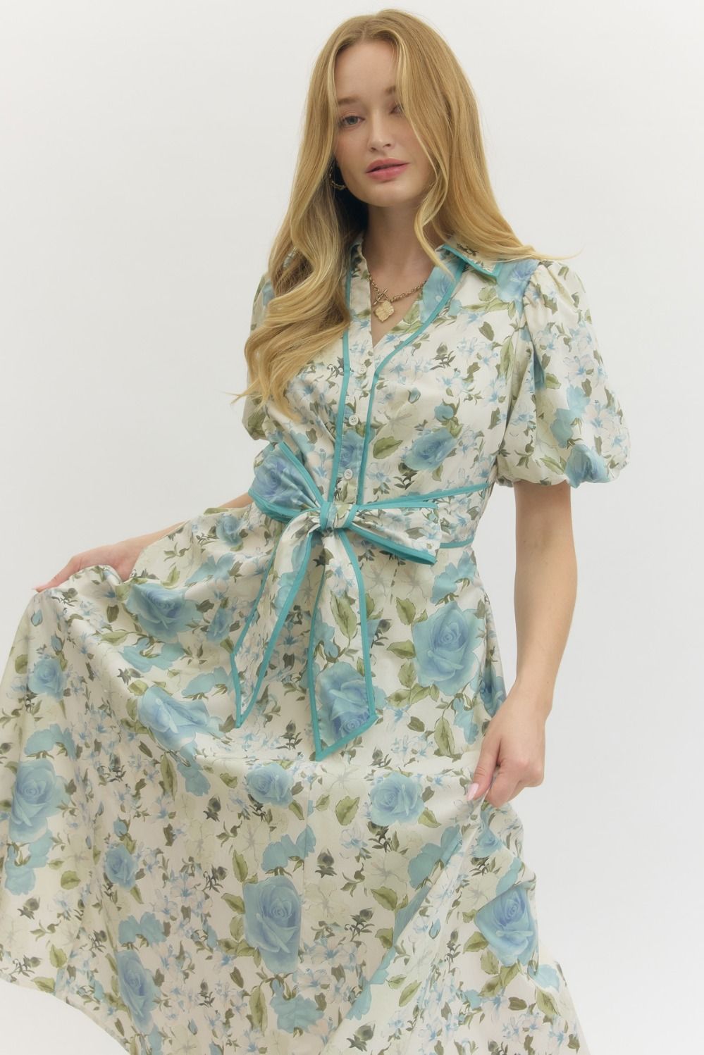 Blue Floral Puff Sleeve Midi with Self Tie Sash