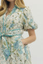 Blue Floral Puff Sleeve Midi with Self Tie Sash