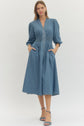 Solid Denim 3/4 Sleeve Midi with Smocked Waist
